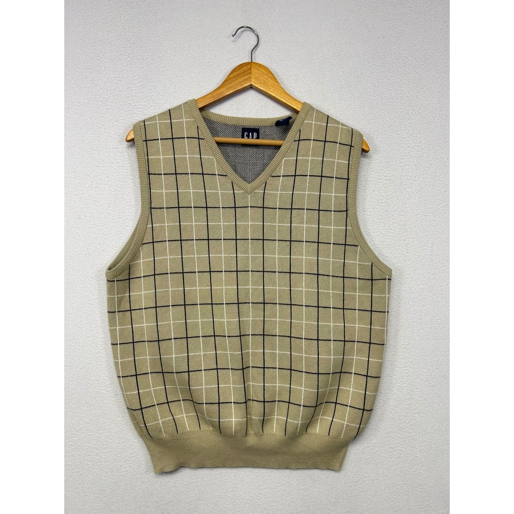 Preppy Dark Academia GAP Mens Medium Tan Windowpane Plaid V-Neck Sweater Vest